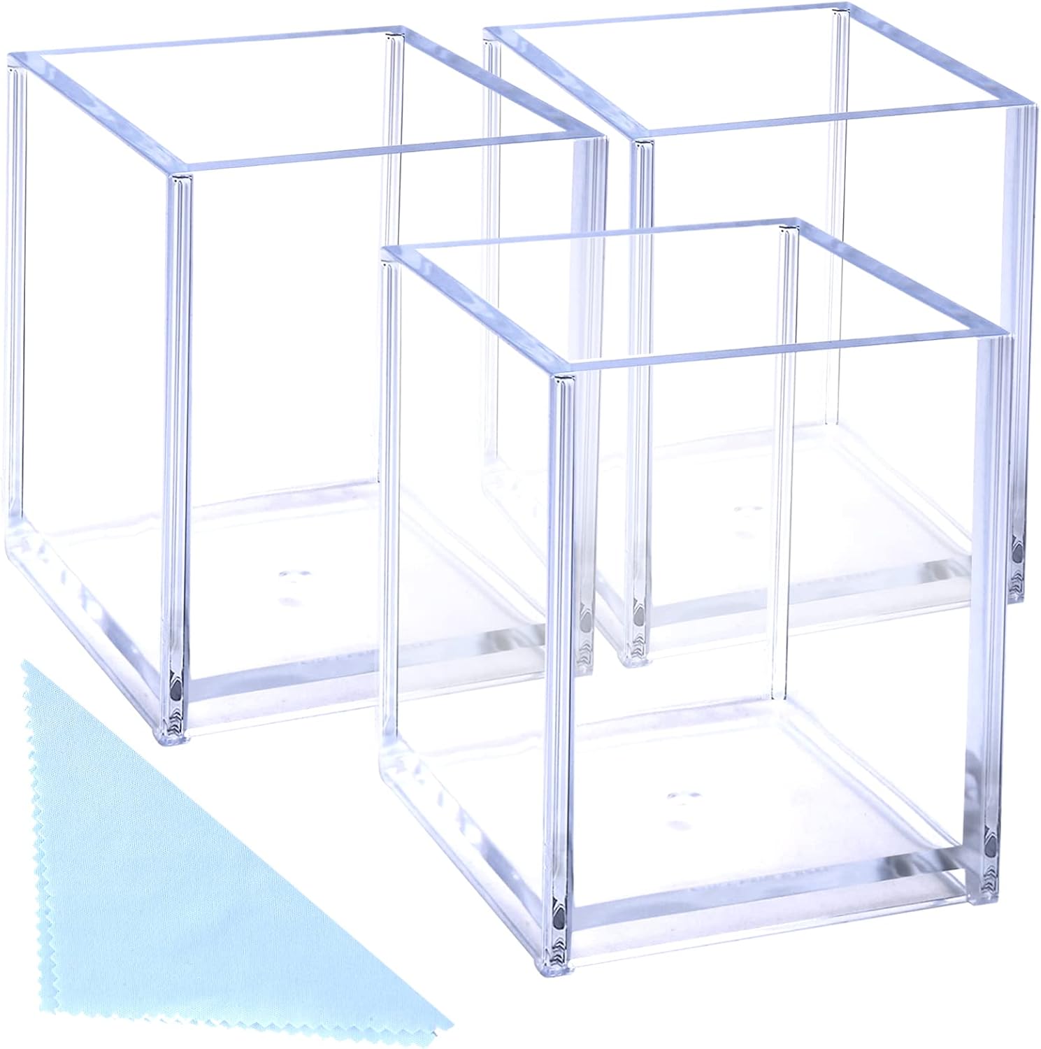 Acrylic Pen Holder, 3 Pcs Clear Pencil Holders for Desk, Makeup Brush Holder Cup Organizer, Stationery Storage Desktop Accessories for Office School Supplies (with Cleaning Cloth)