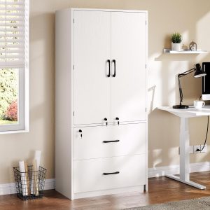 DWVO File Cabinet with Lock, Wood Filing Cabinet with Doors, Storage Cabinets with Adjustable Shelves, Garage Tool Cabinets for Home Office, Living Room, Pantry, Basement, Warehouse, White