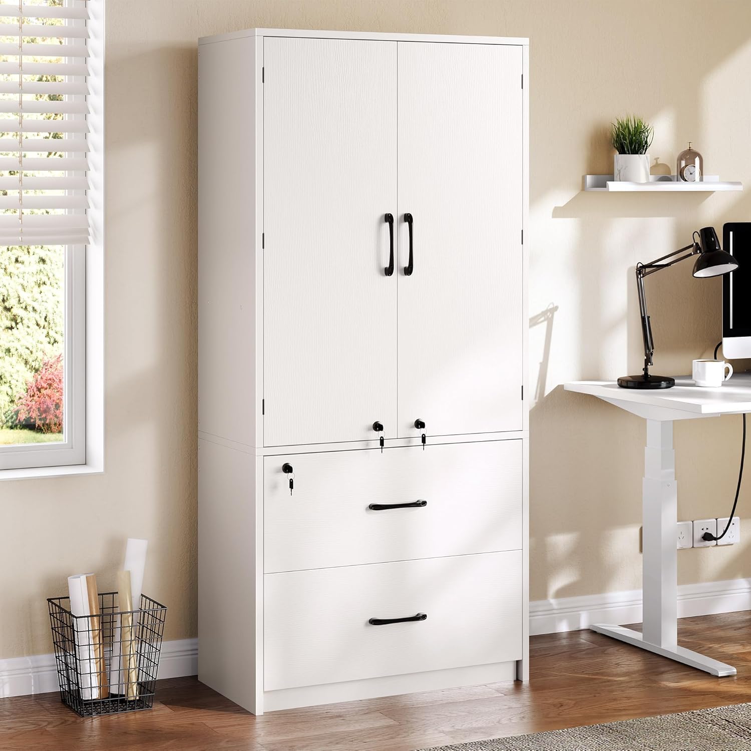 DWVO File Cabinet with Lock, Wood Filing Cabinet with Doors, Storage Cabinets with Adjustable Shelves, Garage Tool Cabinets for Home Office, Living Room, Pantry, Basement, Warehouse, White