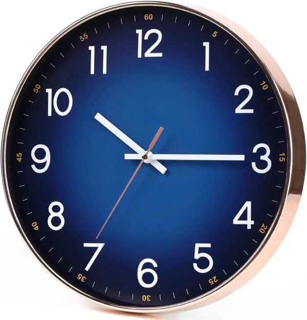 Navy Blue Modern Round Silent Wall Clock - 12" Quality Quartz - Living Room, Bedroom, Kitchen