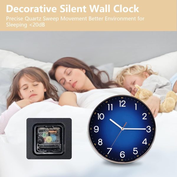 Navy Blue Modern Round Silent Wall Clock - 12" Quality Quartz - Living Room, Bedroom, Kitchen - Image 3