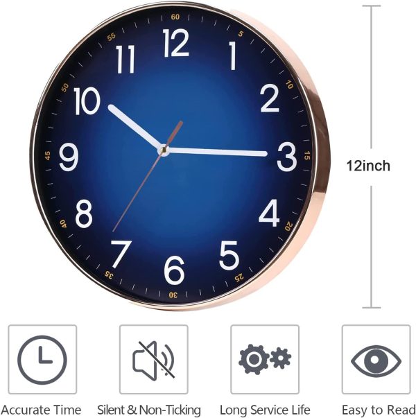 Navy Blue Modern Round Silent Wall Clock - 12" Quality Quartz - Living Room, Bedroom, Kitchen - Image 4